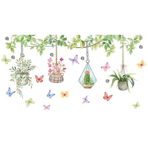 Runtoo Potted Plant Window Clings Flower Catcus Hanging Vines Glass Wall Decals Stickers Tropical Botanical Cactus Living Room Bedroom Home Decor