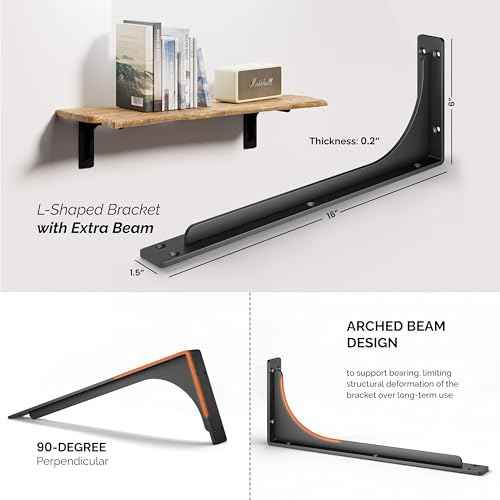 BATODA 16¡± Shelf Brackets with Beam (4pcs) - L Shelf Brackets Black - Hook Brackets for Floating Shelves - Wall Mounted Support for DIY Open Shelving ? Mounting Hardware Included (Pack 4) (4, 16 Inch)