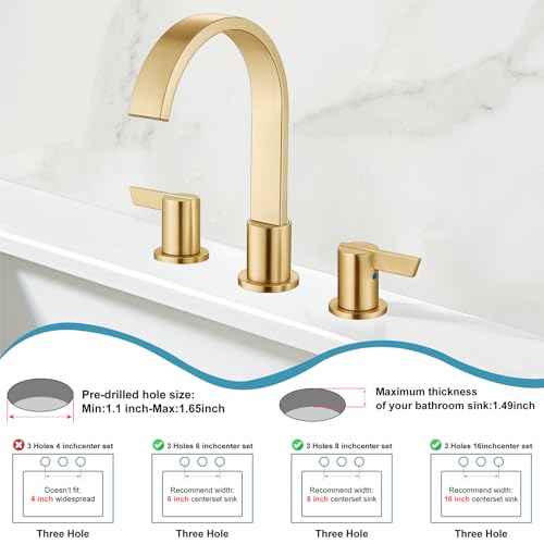 Midanya 8 inch Widespread Bathroom Sink Faucet,Waterfall 3 Holes 2 Handles Bathroom Faucet Modern 8" Vanity Faucets with Pop Up Drain and Water Supply Lines,Gold