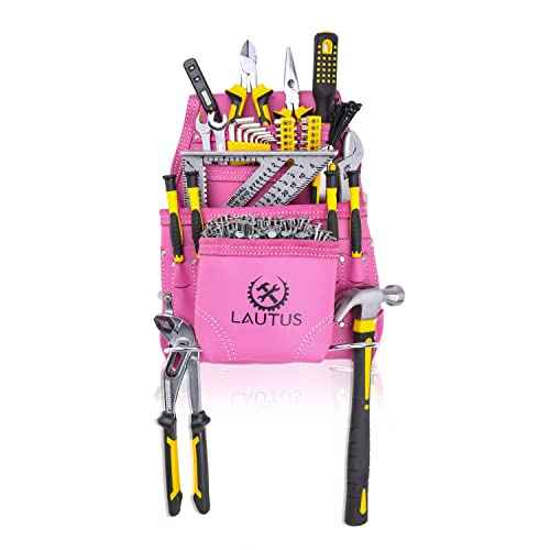 LAUTUS Oil Tanned Leather Tool Pouch Bag |Pink |Carpenter, Construction, Framers, Handyman | 10 Pockets, 2 Hammer Holders | 100% Leather