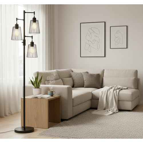 PESRAE Dimmable Industrial Floor Lamp, Farmhouse Floor Lamp Standing Lamp with 3 Elegant Teardrop Cage Heads & Included 3 x 1200LM Edison LED Bulbs, Tall Lamp for Living Room, Bedroom (Matte Black)