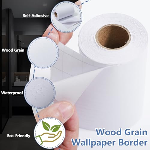 WADILE 32.8ft White Wood Grain Wallpaper Border Mirror Frame Removable Waterproof, Peel and Stick Wall Paper Border Decor Self Adhesive, Kitchen Bathroom Sticker