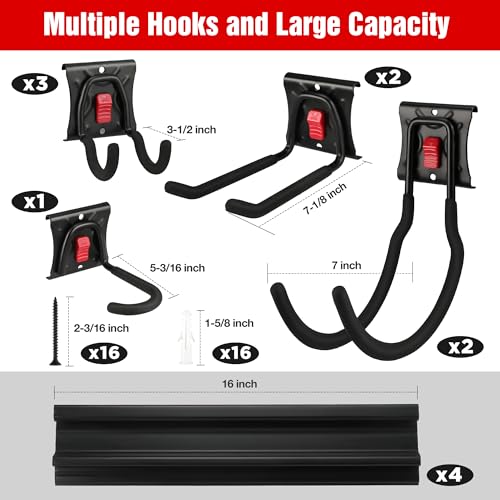 WORKPRO Garage Tool Organizer Wall Mount, Garage Organization Garden Tool Rack Holder System, 64-Inch 4 Rails with 8 Heavy Duty Adjustable Hooks for Hanging and Storage