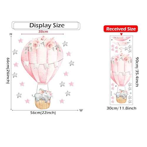 Pink Sleeping Baby Elephant Hot Air Balloon Stars Wall Stickers, sacinora Cute Art Wall Decals Removable Vinyl Peel and Stick for Kids Baby Girl Nursery Bedroom Toddler Room Decorations