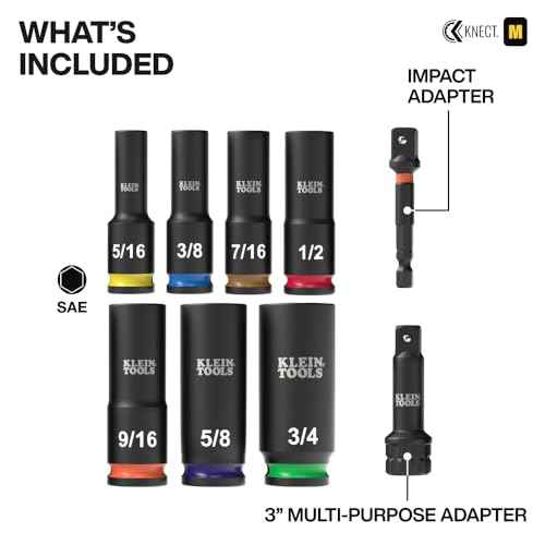 Klein Tools 65109IMPCT KNECT Deep-Well 3/8-Inch Drive Impact Socket Set, SAE, 9-Piece Tool Set with Impact Driver Adapter, Multi-Purpose Wrench Adapter, Color-Coded, MODbox Socket Organizer