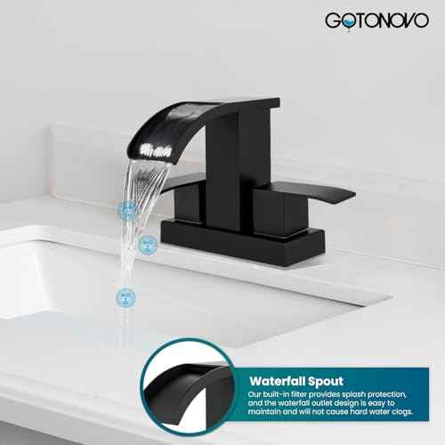gotonovo Waterfall 4 Inch Centerset Bathroom Sink Faucet 2 Handle Basin Faucets 2 or 3 Hole Deck Mount with Pop Up Drain Included Lavatory Modern Mixer Tap Vanity Faucet Matte Black