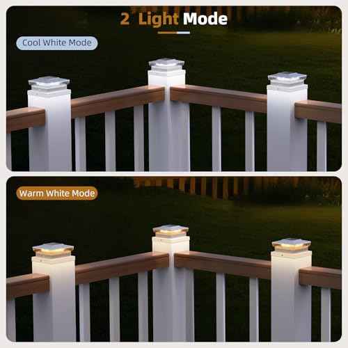 Solar Post Cap Lights, 12 Pack Outdoor Fence Post Solar Lights for 4x4 5x5 Wood/Vinyl Posts, 10-12 Hours Dusk to Dawn Warm/Cool Light Glow for Garden/Deck - White