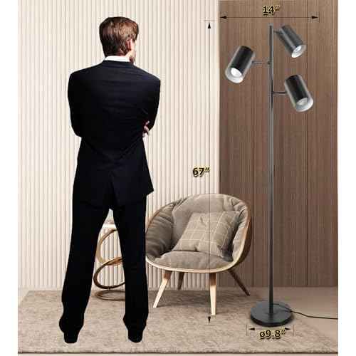 Tree Floor Lamp with 3 Light 9W E26 LED Bulbs,Black Standing Tall Pole Lamp with 3 Adjustable Rotating Lights,Modern Floor Lamp for Living Room Bedroom Office,Reading Room