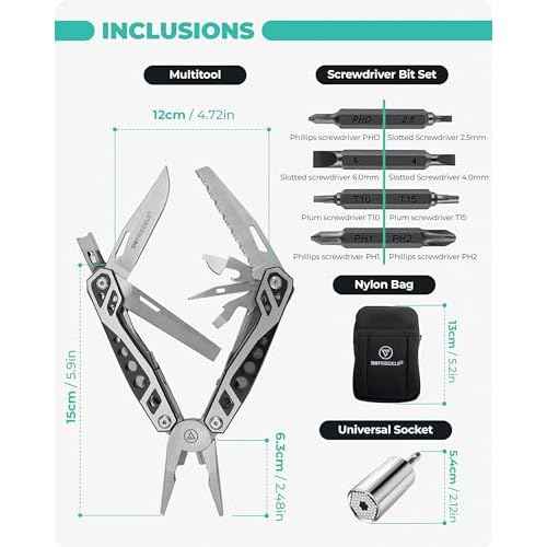 Multi Tool with Universal Socket - 22 in 1 Stainless Steel Multipurpose Tool with Saw, Pocket Knife, Wire Stripper & More - Small Tools for DIY Enthusiasts, Hobbyists, & Professionals by DrFriedels