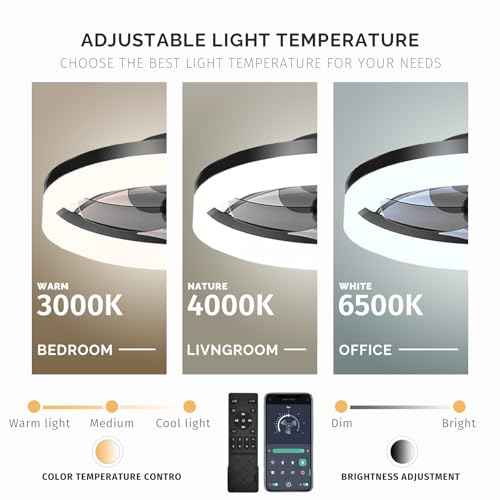 19.7 inch Low Profile Ceiling Fan with Lights and Remote, Fandelier Dimmable Ceiling Fan Flush Mount, 3000K-6500K Bladeless LED Fan Light for Bedroom,Dining Room and Kitchen (Black, 1 Pack)