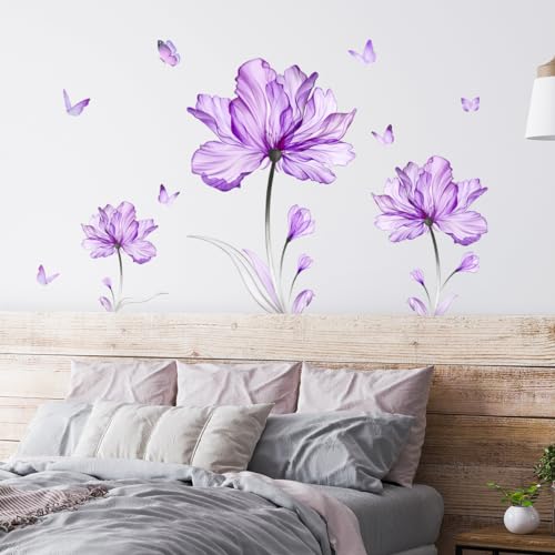 Purple Flower Butterfly Wall Stickers Removable Peel and Stick Murals Wall Decals for Living Room Bedroom Door Aisle Sofa TV Backdrop Wall Home Decor(Purple Flowers)