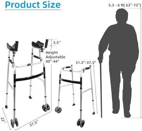Dual-Wheel Stand Up Walker with Armrest Pad - Aluminum Standard Walker with Small Bag, Fadable Walkers for Seniors, Elderly, Platform Walker with Arm Support, Standing Upright Walkers, Silver
