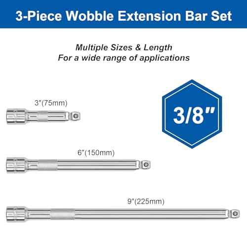 3 Pieces 3/8 Inch Drive Wobble Extension Set Includes 3 6 9 Inch Extensions Premium Chrome Vanadium Steel with Mirror Finish