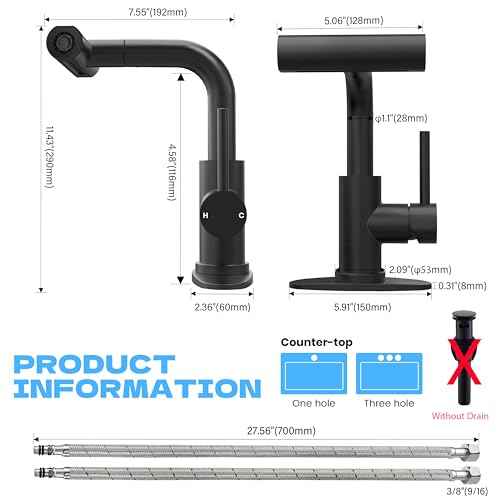 Matte Black Bathroom Sink Faucet with Pull Down Sprayer - 4 Mode Single Handle Vanity Faucet Waterfall Bathroom Faucet with Pull Down Sprayer (No Drain)