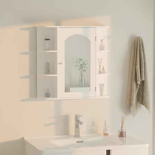 Bathroom Wall Cabinet, Medicine Cabinet with Mirror and Adjustable Shelves,White Wall Mounted Cabinet Over The Toile,3-Tier Wood Hanging Storage for Bathroom,Kitchen,Living,Laundry Room