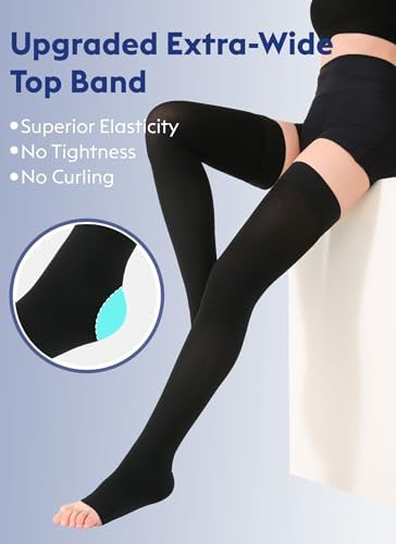 Thigh High Compression Stockings Toeless - Unisex, Opaque, KEKING 15-20mmHg Graduated Compression Leg Support Hose with Anti-Slip Silicone Band - Swelling, Varicose Veins, Edema, Travel, Black X-Large