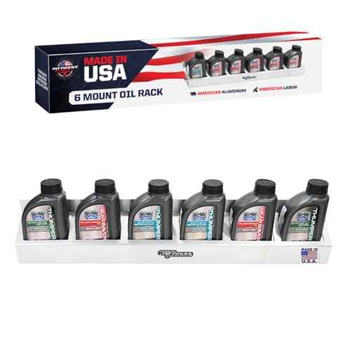 Pit Posse 304 Six Quart Oil Can Rack Holder 32" Caddy Wall Hanger Aluminum Shelf - Made in USA - Holds 6 Quarts of Motor Engine Oil - Enclosed Race Trailer Shop Garage Storage Organizer (Silver)