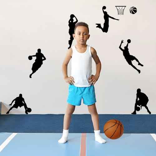 Basketball Dunk Wall Decal Stickers, 6 Man Playing Basketball Vinyl Art Wall Sticker for Bedroom Dorm Room Playroom Stadium Gym Home Decoration