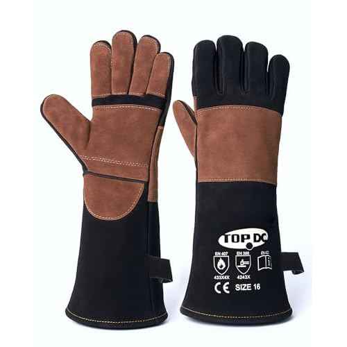 TOPDC Welding Gloves 16Inch 1000¢µHeat/Fire Resistant Reinforced Leather Fireproof Gloves with Kevlar Stitching for Mig, Tig, Stick, Forge, BBQ, Grill, Oven, Fireplace, Furnace, Animal Handling, SMALL