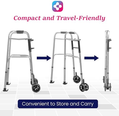 Dr. Aid Premium Folding Walker with Wheels, 5" Auto Brake Double Front Wheel Walker, Lightweight Walkers for Seniors, Durable Aluminum Frame, Adjustable Height, Supports Up to 400lbs, Aluminum Gray