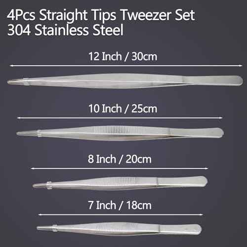 4Pcs 304 Stainless Steel Tweezer Set, 7" 8" 10" 12" Long Tweezers with Precision Serrated Straight Tips, Non-slip Kitchen Tweezers for Cooking Baking Crafts Tank Aquarium Terrarium