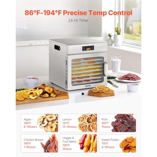 VEVOR Food Dehydrator Machine, 8 Stainless Steel Trays, 400W Electric Food Dryer with Adjustable Temperature & 24-Hour Timer, Freeze Dryer for Jerky, Meat, Fruit, Vegetables, Herbs, Dog Treats