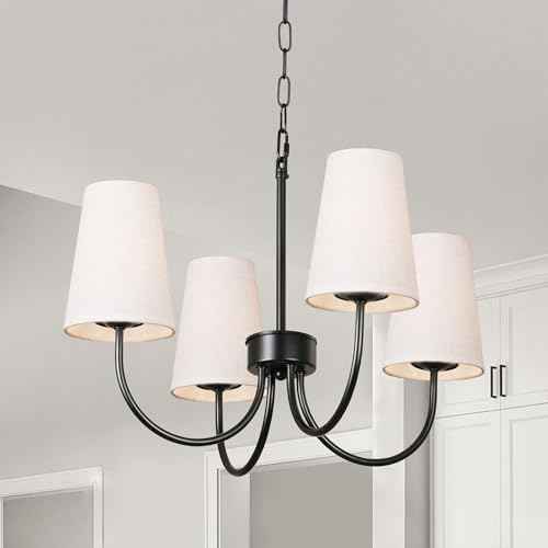 Modern Black Chandeliers for Dining Room, with White Linen Fabric Shade, Adjustable Height Rustic Small Farmhouse Lighting Fixture for Foryer, Entryway, Kitchen, Bedroom (4-Lights)