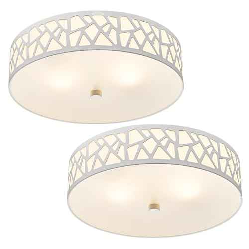 2-Light Flush Mount Ceiling Light, 12 inch Modern Close to Ceiling Light Fixture with White Metal and Frosted Glass Shade for Hallway, Kitchen, Bedroom(2 PK)