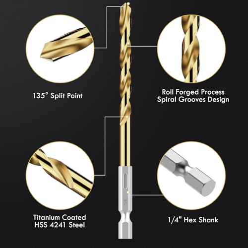 Hex Shank Drill Bit Set, 19Pcs Titanium Twist Drill Bit for Sheet Metal, Wood, Plastic, Quick Change Design (1/16" - 1/4")