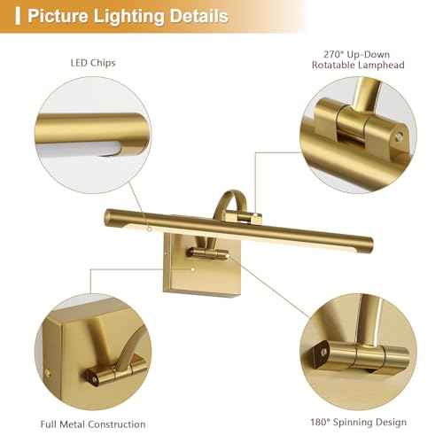 Brass Picture Lights for Wall Hard-Wired LED Picture Lighting Dimmable Art Light Gallery Lighting for Wall Portraits Artwork 15.75 inch 7W Warm White