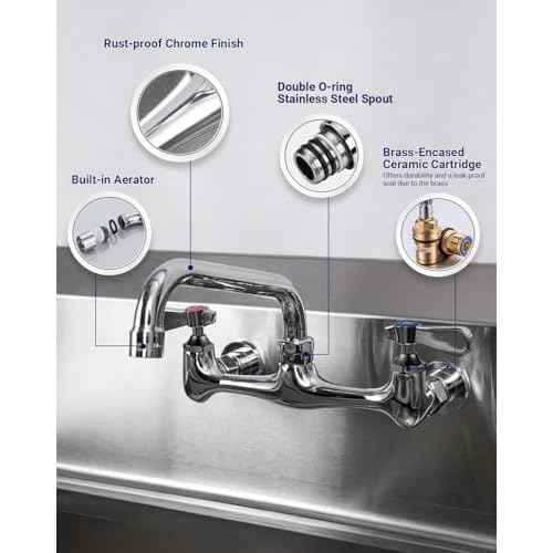 [CA. Available] Sepaitek Leak-Free Commercial Sink Faucet 8" Center 8" Spread Swivel Spout, Wall Mount Kitchen Faucet 2 Hole 2 Handles, Laundry Industrial Restaurant Compartment Sink Faucet, Brass
