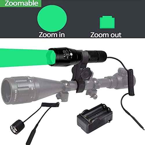 WINDFIRE Green Predator Light 300 Yards Tactical LED Flashlight Zoomable, Coyote Hog Fox Varmint Hunting Flashlights Kits with Pressure Switch, Scope Mount