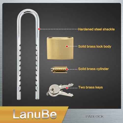 Lanube Solid Brass Cabinet Locks with Keys U Lock with Adjustable Length Shackle Outdoor and Indoor Keyed Alike Locks for Chains Trailers and Utility Boxes Removable 2.4 to 6 inches Pack of 2