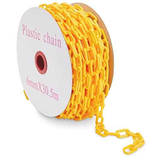 Stockroom Plus Yellow Plastic Chain Links - 1.5-Inch x 100-Foot - Plastic Safety Chain for Parking Lot Barrier & Driveways
