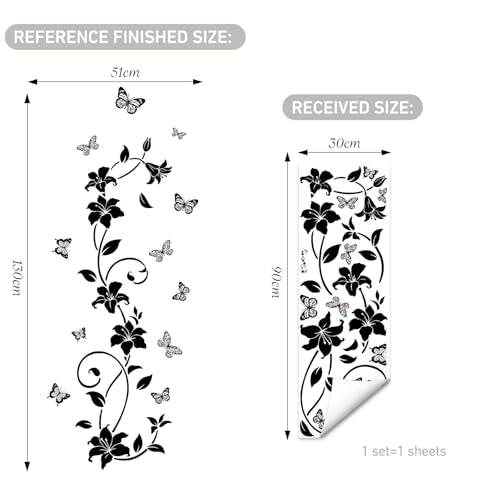 SHUCHING Black Flower Vine Butterfly Wall Decals Peel and Stick, Vinyl Simplicity Floral Wall Sticker, Wall Decor Art Home Decoration for Bedroom Living Room Office