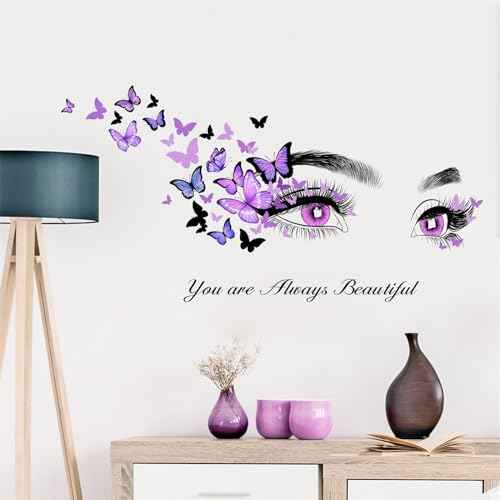 Purple Eyelash Eyes Butterfly Wall Stickers, sacinora Inspirational Quotes Motivational Word DIY Wall Decals Removable Vinyl Peel and Stick for Women Girl Kids Living Room Bedroom Nursery Art Decor