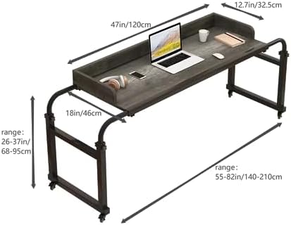 Overbed Table with 360° Wheels, Queen Size Mobile Bed Desk, Recliner Table Over Bed Table Adjustable Height and Length Overbed Table with Heavy Duty Metal Leg for Hospital and Home use