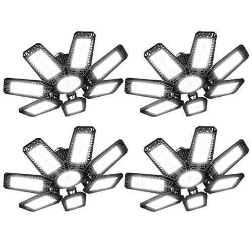 LED Garage Light 4 Pack - 200w 20000LM 6500K Garage Lights Ceiling LED with 7+1 Adjustable Panels, Shop Lights Screw in E26 E27 Bulb Socket for Workshop, Storage Room, Basement, Warehouse