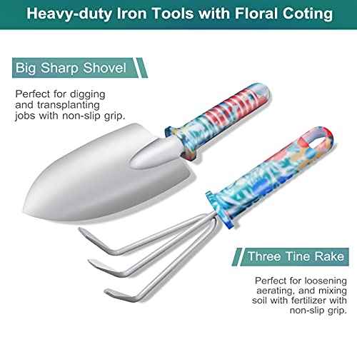 Garden Tool Set, Stainless Steel Heavy Duty Gardening Tools 30 PCS w/Floral Print, Trowel Rake Weeder Pruner Shears Sprayer Digging Claw Gloves, Ideal Gardening Set for Women