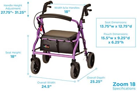 NOVA Medical Products Zoom Rollator Walker with Seat Height, Purple