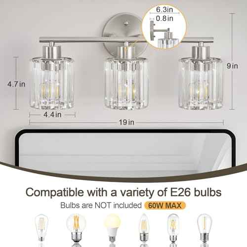 Crystal Bathroom Light Fixtures,Bathroom Lighting Fixtures Over Mirror, Modern 3-Light Brushed Nickel Vanity Lights for Mirror, Restroom,Kitchen(Ceramic E26 Socket,Bulbs Not Include)