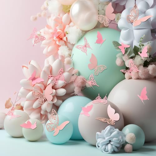 Outus 144 Pieces 3D Butterfly Wall Stickers Decor 3 Styles Butterfly Decals DIY Decorative Wall Art Cutouts Crafts Removable for Room Wedding Flower Party Decorations,(Pink)