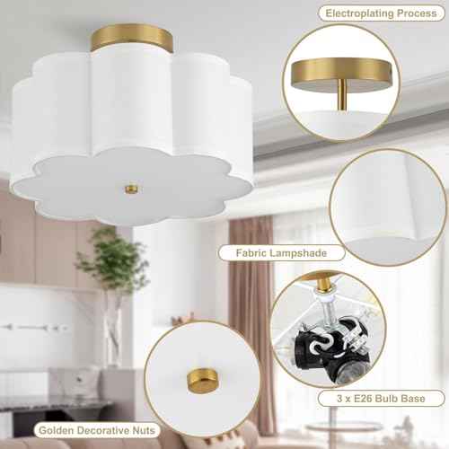 13.3"Semi Flush Mount Ceiling Light Fixture, 3-Light Modern Close to Ceiling Light With Fabric Flower-Shaped Shade, Light Fixtures Ceiling Mount for Bedroom Nursery Kids Room Living Room(Gold)