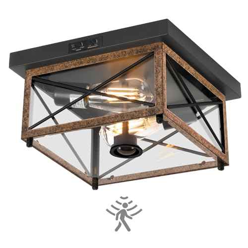 Outdoor Ceiling Light with Motion Sensor, Flush Mount Porch Ceiling Lights Outdoor, 2-Light Farmhouse Metal Close to Ceiling Light Fixture for Patio, Hallway, Garage, Rustic Brown FT09XD05