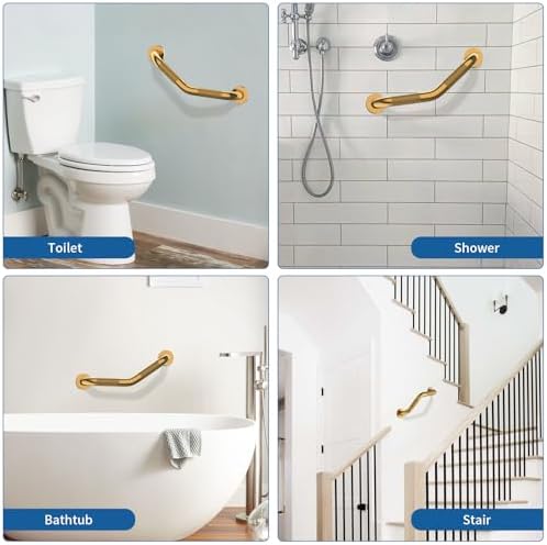 2 Pack 16 Inch Munzong Shower Grab Bars for Seniors, Gold Angled Anti Slip Grab Bars for Bathtubs and Showers Safety Hand Rail Support Handicap Elderly Injury Senior Assist Bath Handle