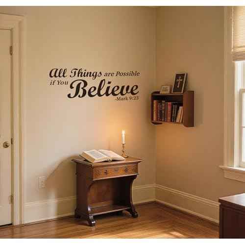 Christian Bible Verse Wall Decals,All Things are Possible if You Believe -Mark 9:23 Prayer Wall Stickers,Religious Scripture Blessed Lettering Vinyl Removable Wall Decor for Home School Office