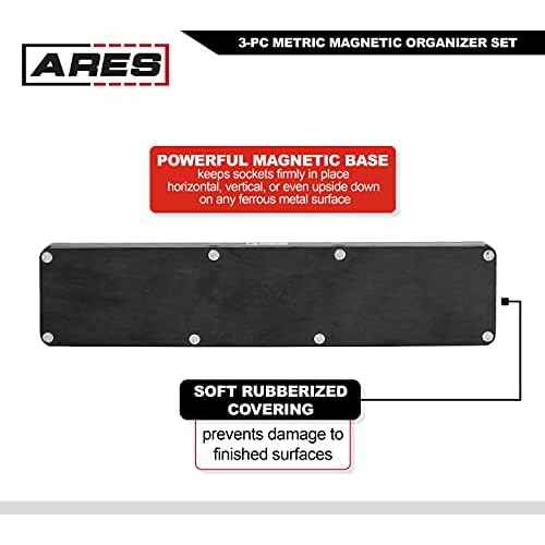 ARES 60036-3-Piece Blue Metric Magnetic Socket Organizer Set - Includes 1/4-Inch, 3/8-Inch, and 1/2-Inch Socket Holders - Holds Standard Size and Deep Size Sockets - Keeps Your Tool Box Organized
