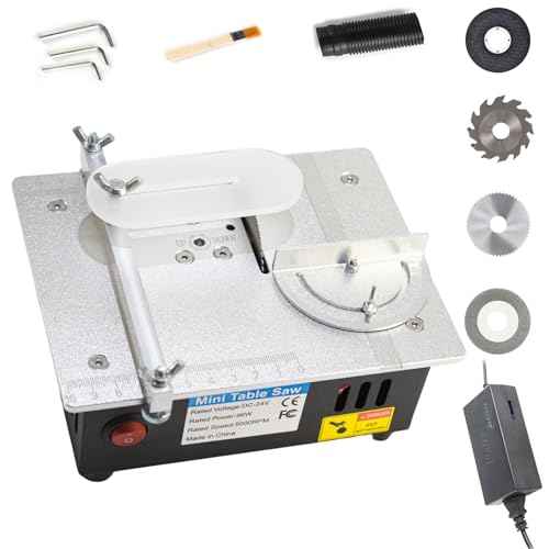 Mini Table Saw, RTOVZON 96W Mini Desktop Electric Saw Cutter 7.1"x5.5", Cut Thickness Adjustable Precision Craft Table Saw with Speed & Angle Adjust 4* Blades, Available for Wood/PCB/Acrylic/Plastic