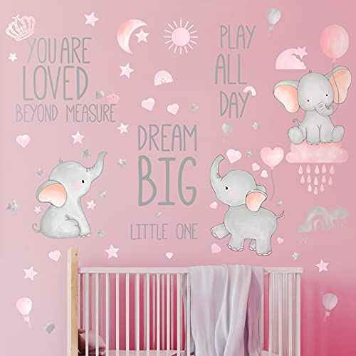 Outus 7 Pcs Dream Big Little One Elephant Nursery Wall Stickers Wall Decor Baby Room Moon Hot Air Balloon Pink Grey Stars Decals for Kids Living Room Bedroom Decorations Home Decor