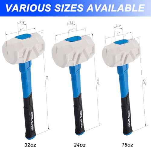 Real Steel Rubber Mallet Hammer 32 OZ White Rubber Hammer with Solid Head, Double-faced Mallets for Flooring, Woodworking, Camping, Automotive 0323